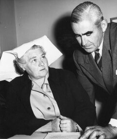 Photograph, Matron Hamilton from the Stawell Special School talking with man from Public Works 1967