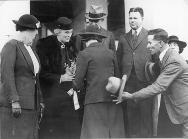 Photograph, Presentation of flowers to Lady Wollaston  -- wife of his Excellency Frederick Wollaston, the Lieut Governor of Victoria at the Stawell Town Hall 1938