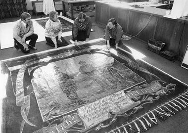 Photograph, Miners Banner being restored in Ballarat 1990