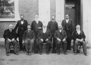 Photograph, Group of Males at Town Hall probably 1899