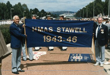 Photograph, H.M.A.S. Stawell Corvette Class -- Naval Celebrations in Canberra with Mr Alf Dunne & Mr Geoff Brooke 1986