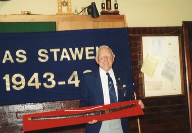 Photograph, H.M.A.S. Stawell Corvette Class with Mr  Alf Dunn & a Japanese Sword for the City of Stawell 1990
