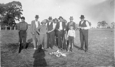 Photograph, Mr John Scaletti & Mr Mick Walsh with Unknown Others possibly duck shooting, Mr Mick Walsh tuning the wireless -- 4 Photos
