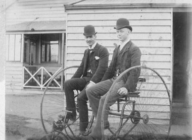 Photograph, Mr G T Holden on a three wheeled bicycle c1910