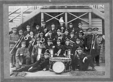 Photograph, Stawell Band in uniform at Central Park in front of Grandstand 1915