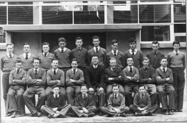 Photograph, Stawell Technical School Form 3A with woodworking room in background -- named c1960's