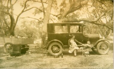 Photograph, Cray Family with Mrs Amy Cray nee Unknown with her sons Bill & Frank at a family picnic with the car & trailer