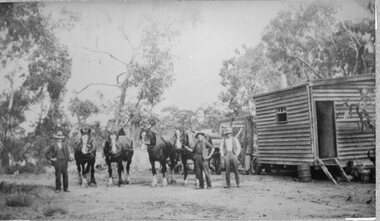 Photograph, Freeland Contractors camp out wagon from Deep Lead with Mr Bob Freeland in the centre
