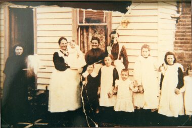 Photograph, Mrs Rose Hall nee Peters at Deep Lead is the lady in front of the window