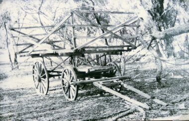 Photograph, Wagon with a frame used to cart eucalyptus leaves to the Bennett Distillery in Deep Lead c1940