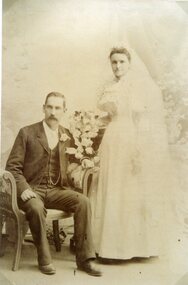 Photograph, Mr Charles Thomas Hume from Deep Lead and his bride Miss Liza Munro on their Wedding Day --- Studio Portrait