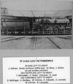Photograph, "A" Class Locomotive on the Turntable at the Stawell Locomotive Sheds with named Staff
