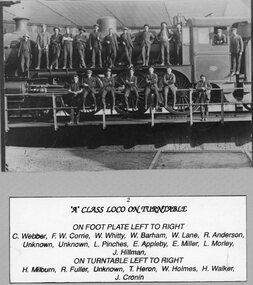 Photograph, "A" Class Locomotive on the Turntable at the Stawell Locomotive Sheds with named Staff