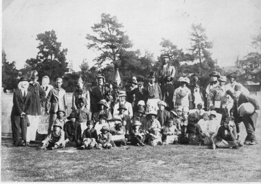 Photograph, "The Dark Town Band" 1914-1918 in Central Park Stawell following a fund raising procession in the town during WW1