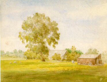 Photograph, Mr Will Rees' water colour painting of a rural scene c1921-- Photo -- Coloured