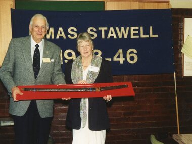 Photograph, H.M.A.S. Stawell Association with Mr Ted Hourigan and Isabelle Humphries at the Japanese Sword presentation 1990 -- Coloured