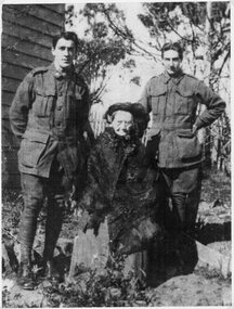 Photograph, Mrs Elizabeth MacDonald nee Weir,  widow of Angus, with grandsons Mr Arthur Hawkins & Mr Frederick Hawkins on occasion of victory march in Murtoa 1919