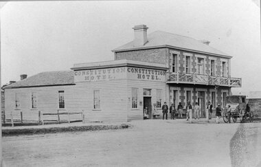 Photograph, Constitution Hotel in Longfield Street Pleasant Creekwith a Cob & Co Coach at the front c1866