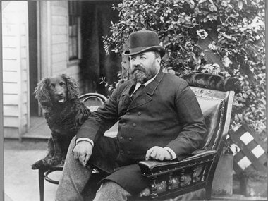 Photograph, Mr Thomas Kinsella and his dog outside his home in Patrick Street Stawell