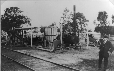 Photograph, Glenorchy Saw Mill with the railway line & Mr J E Morris in the foreground 1925-1930