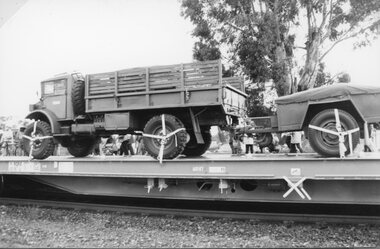 Photograph, Anniversary Train Visit to the Stawell Railway Station with a Flat top vehicle carrier carrying an army truck & trailer 1995