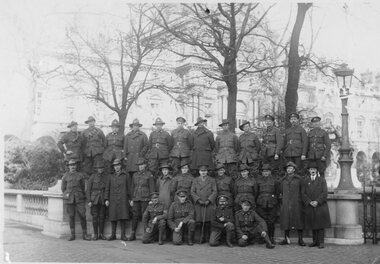 Photograph, Group of Soldiers at Palace Louvre France 1914-1918 sent to Mrs R Parry of Navarre