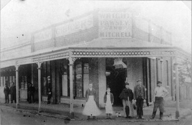 Photograph, Wright Pawsey & Mitchell Grocery Store on the corner of Patrick & Sloane Streets Stawell c1900