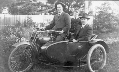 Photograph, Mr W C Barker with his son Bill Barker & Mr W J Chapman in side car on a Harley Davidson Motocycle 1918