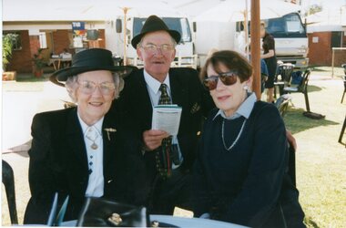 Photograph, Mrs Judith McGregor nee Hutchings with Raliegh & Pat Jesse from St. Arnaud at the Stawell Races -- 2 Photos -- Coloured