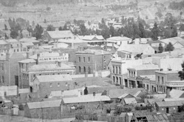 Photograph, Upper Main Street Stawell with the Patrick Street & Main Street corner at centre of Photo 1880