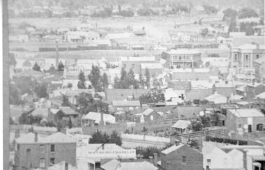 Photograph, Panoramic view from Big Hill with the Town Hall and Coffee Palace formerly Castlemaine Hotel & aso the Train at Station 1880