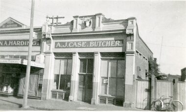 Photograph, A.J. Case's Butchers Shop next to W.A. Harding's in Main Street Stawell 1949