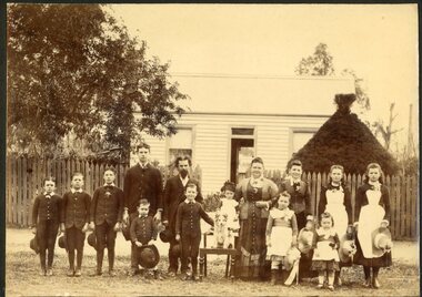 Photograph, Mr Henry Goldsworthy & Mrs Sarah Goldsworthy nee Lemon's Family with 12 of their 13 children at their home in Stawell 1890