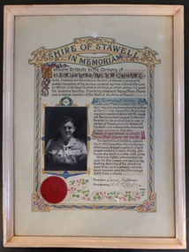 Photograph, Stawell Shire in Memoriam Certificate fo Mr Hector C Munro -- Flying Officer