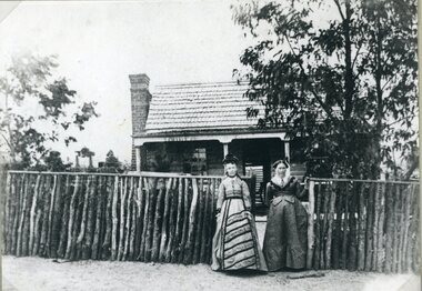 Photograph, Heal Family home in Ligar Street with Mrs Heal and her daughter who later became Mrs Membrey standing in gateway c1860's