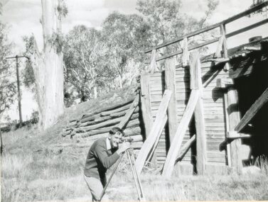 Photograph, Old Wooden Bridge - over the Wimmera River at Joel Joel being surveyed by Allan Rowe for a new bridge 1951