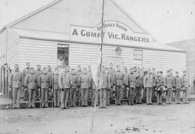 Photograph, Victorian Rangers “A” Company in front of the Orderly room -- named 1898