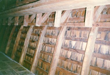 Photograph, Crowlands Hotel before demolition showing Wooden Shingles on the inside of the roof -- 2 Photos -- Coloured