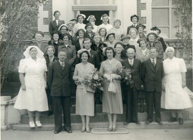 Photograph, Named Group on steps of Pleasant Creek Special School with Lady Brooks wife of the Governor of Victoria
