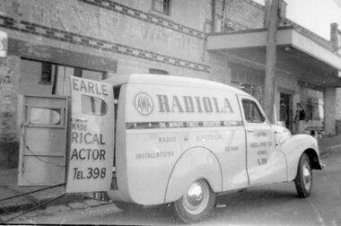 Photograph, Mr Cliff Earle's Radio and Electrical Contractor vehicle in Wimmera Street c1950's