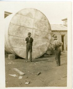 Photograph, Mr T Barker -- Tank Maker and Timber Merchant -- workers Mr A Boag & Mr C Chadwick