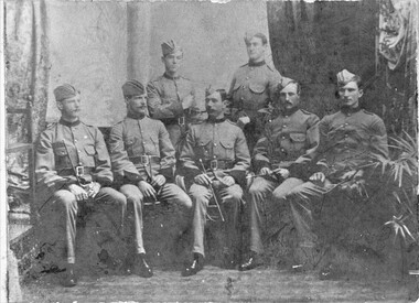 Photograph, Mr Charles Henry Akins front row second from left with Mr Donald Gordon Akins back row left & Mr James Ziba Sumner back row right -- Victorian Rangers c1900