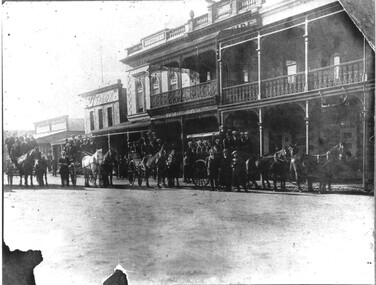 Photograph, Fully Loaded horse drawn carriages in Main Street Stawell