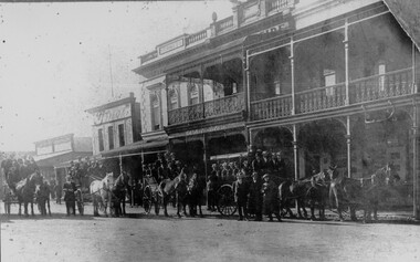 Photograph, Fully Loaded horse drawn carriages in Main Street Stawell