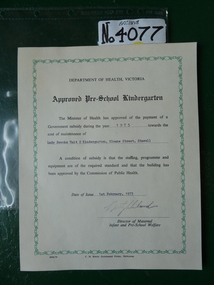 Archive, Lady Brooks Kindergarten Subsidy Certificate, 1/02/1975 12:00:00 AM