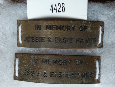 Memorabilia - Realia, Metal Plaques in Memory of Jessie & Elsie Hawes, Stawell Methodist Church, c1960's
