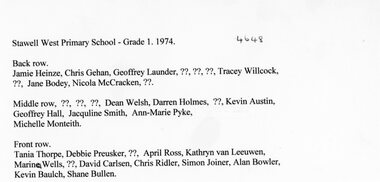 Photograph, Stawell West Primary School Number 4934 Grade 1 -- Named 1974
