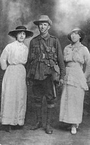 Photograph, Miss L. Mina Fisher who later married Stan, Mr Stan Wathen in WW1 Army uniform & Ethen Wathen 1916