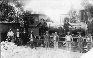 Photograph, Steam Engine -- Stationary with men & boys standing beside engine