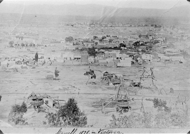 Photograph, Panorama of Stawell from Big Hill 1878 with Whims and Poppet Heads
